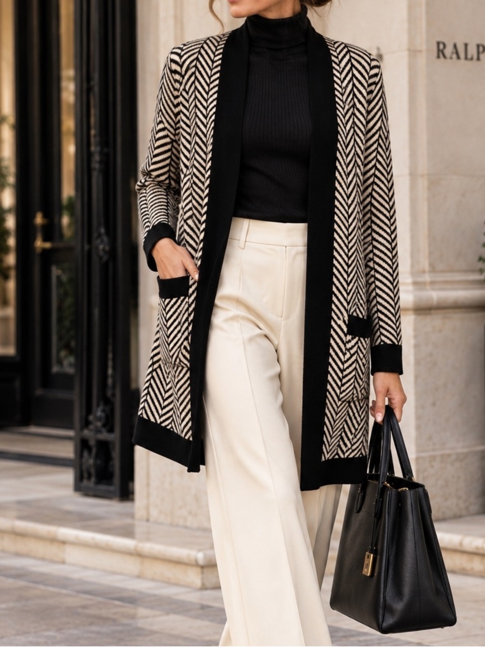 Margaret O’Leary Long Open Cardigan Black Tan Pockets Size M